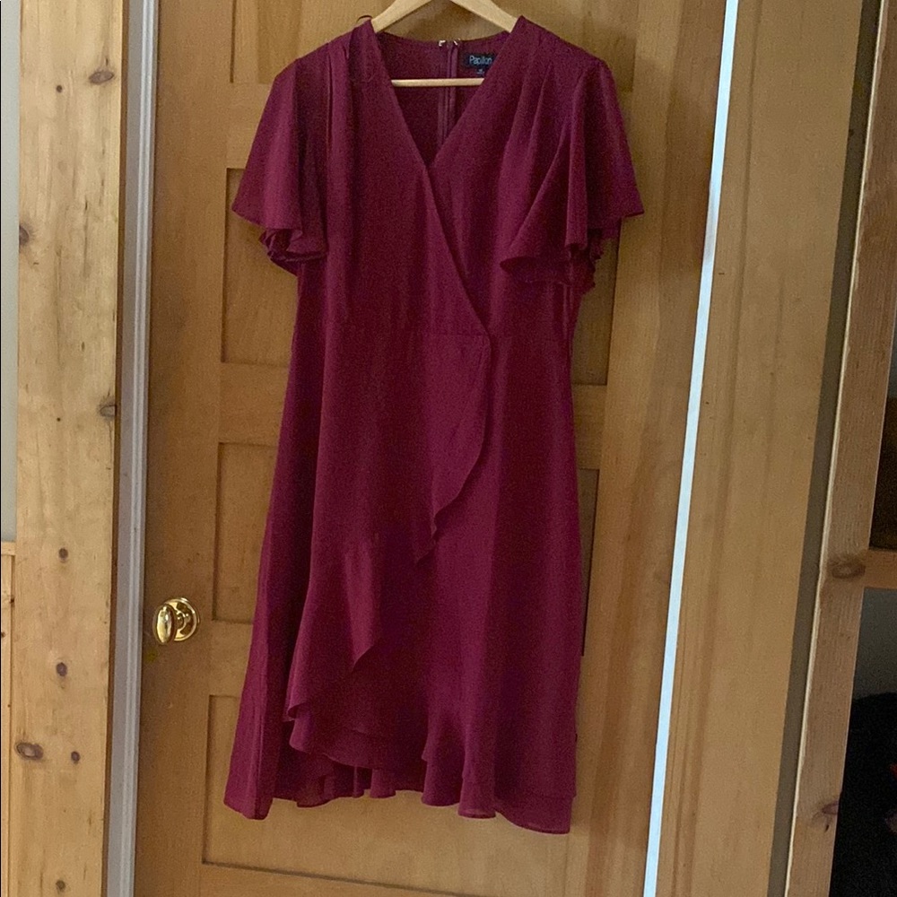Rafaella Burgundy Ruffle High-Low Wrap Dress